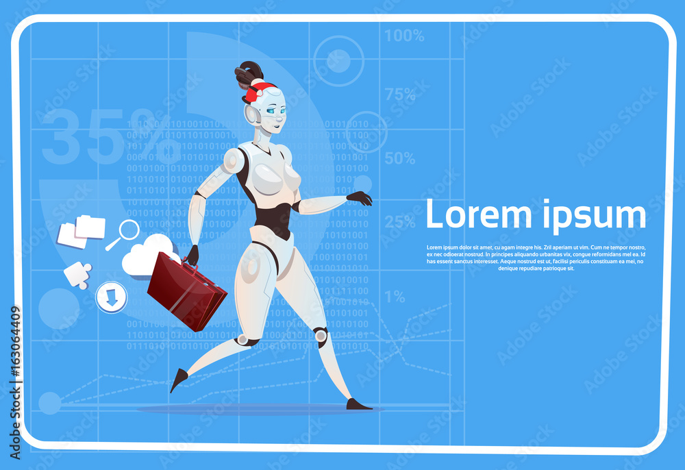 Modern Robot Female Businesswoman Hold Suitcase Futuristic Artificial Intelligence Technology Concept Flat Vector Illustration Modern Robot Female Businesswoman Hold Suitcase Futuristic Artificial Intelligence Technology Concept Flat Vector Illustration
