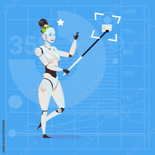 Modern Robot Female Taking Selfie Photo Futuristic Artificial Intelligence Technology Concept Flat Vector Illustration