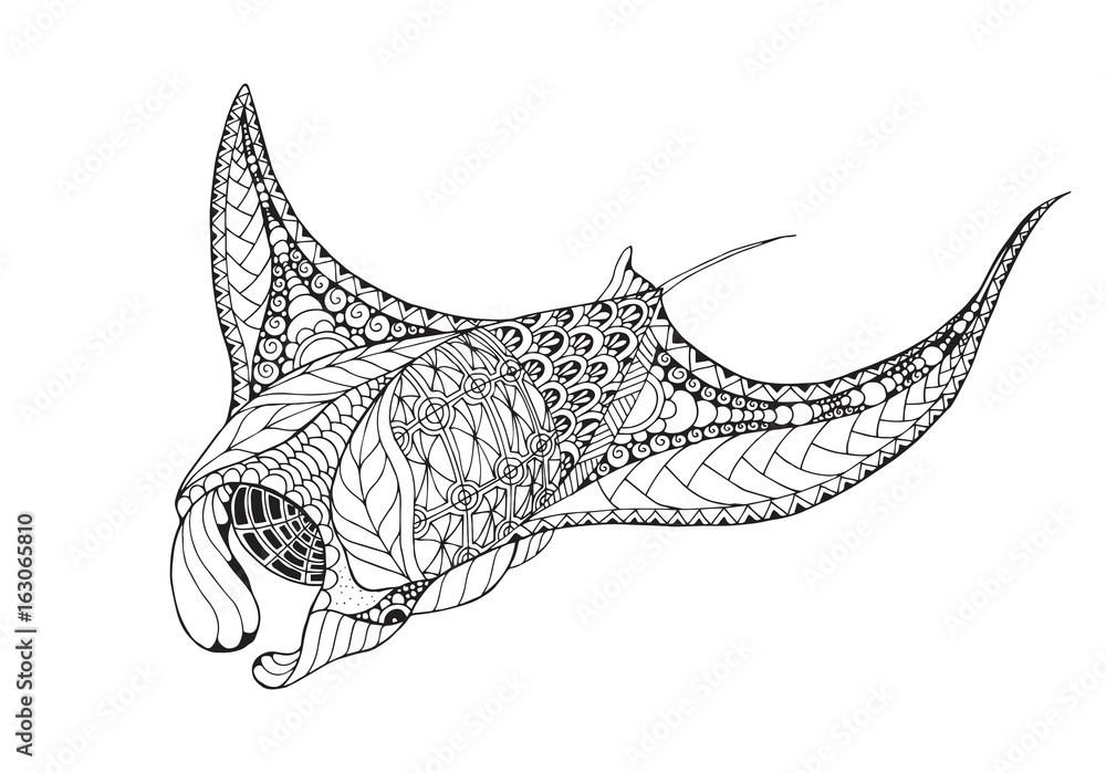 Zentangle stylized manta ray, mobula, devil fish. Vector, illustration,  freehand pencil, pattern. Zen art. Black and white illustration on white  background. Adult anti-stress coloring book. Stock Vector