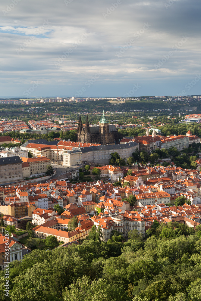 View of the Prague Castle and old buildings at the Mala Strana District (Lesser Town) in Prague, Czech Republic, from above.