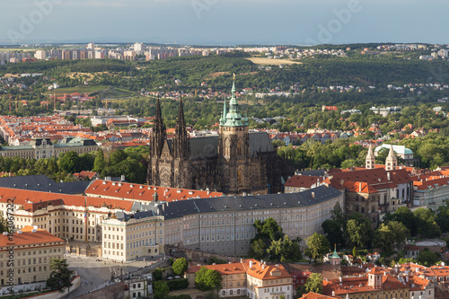 View of the Prague (Hradcany) Castle, St. Vitus Cathedral and old buildings in Prague, Czech Republic, from above.