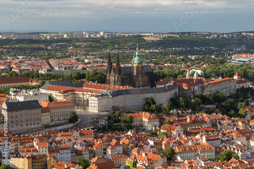 View of the Prague Castle and old buildings at the Mala Strana District  Lesser Town  in Prague  Czech Republic  from above.