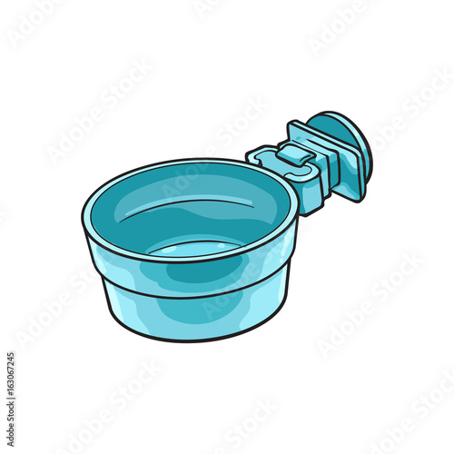 Attachable plastic pet, cat, dog bowl for kennels and crates, sketch style vector illustration isolated on white background. Hand drawn plastic bowl for feeding pets, cat dogs with attachment bracket