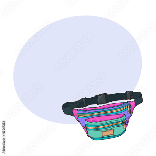 Old fashioned, retro style colorful waist bag, fashion accessory from 90s, sketch vector illustration with space for text. Hand drawn waist bag, pack, popular personal item from nineties