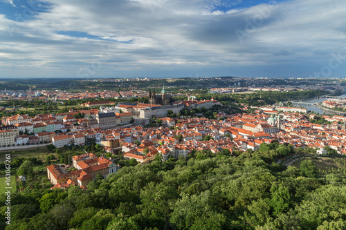 View of the Prague Castle and old buildings at the Mala Strana District (Lesser Town) and Petrin Hill in Prague, Czech Republic, from above.