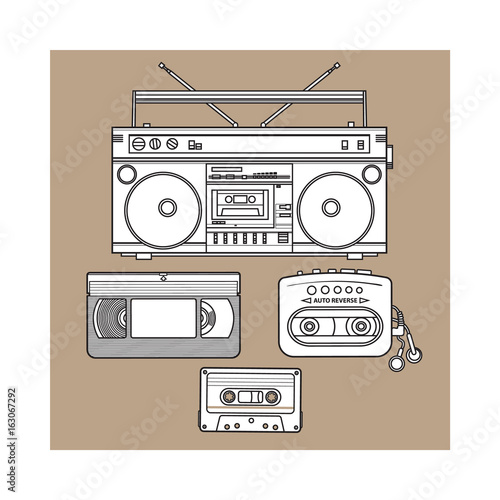 Retro style audio cassette, tape recorder, music player and videotape from 90s, sketch illustration isolated on brown background. Hand drawn set of tape recorder, audio and video tape, music player