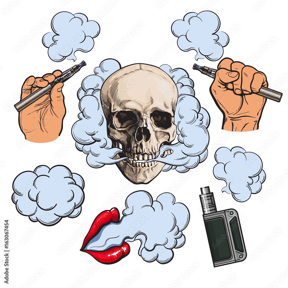 Vaping related elements, symbols - smoke, skull, vaporizer, e-cigarette, sketch vector illustration isolated on white background. Vaping - hand holding e-cigarette, vaporizer, smoking lips, skull Vaping related elements, symbols - smoke, skull, vaporizer, e-cigarette, sketch vector illustration isolated on white background. Vaping - hand holding e-cigarette, vaporizer, smoking lips, skull