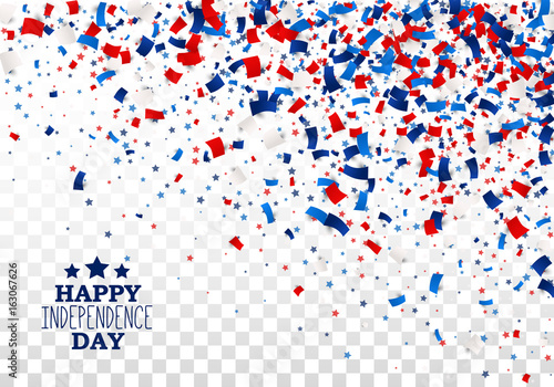 USA Happy Independence Day design concept with scatter papers, stars in traditional American colors - red, white, blue. Isolated.