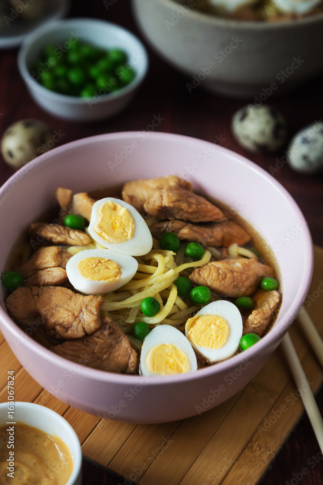 Ramen soup with eggs and green peas Ramen soup with eggs and green peas