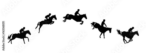 Horse race. Equestrian sport. Silhouette of racing horse with jockey. Jumping. Five steps. © yik2007