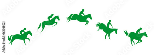 Simplified horse race. Equestrian sport. Silhouette of racing horse with jockey. Jumping. Five steps.