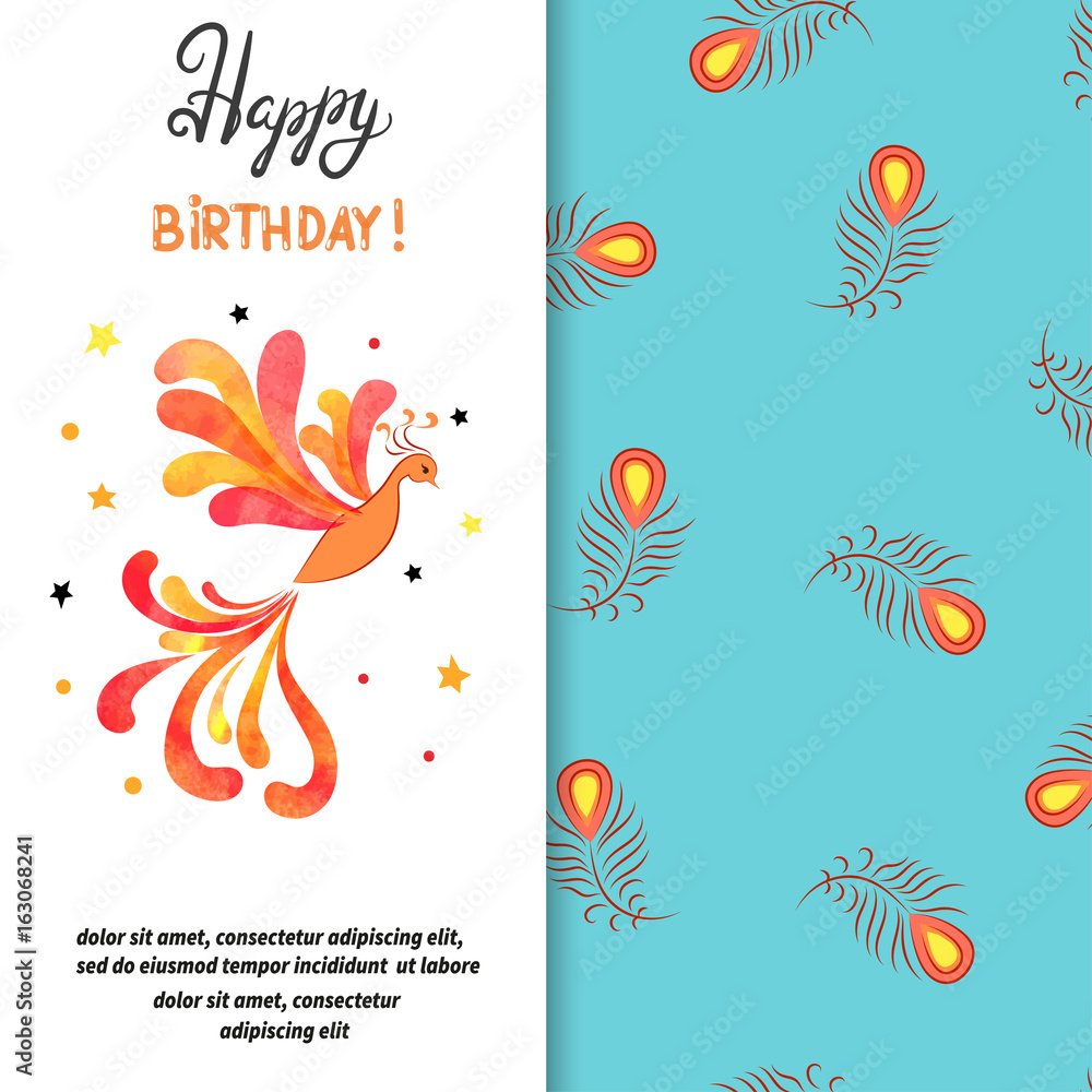 Happy Birthday card design with firebird. Vector illustration of