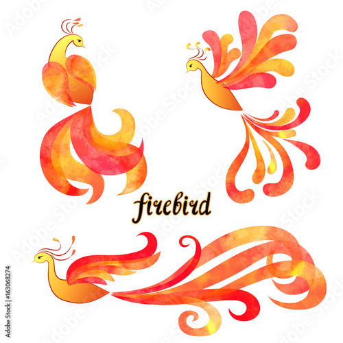 Mythical Firebird set. Watercolor flaming Phoenix symbols isolated on white background. Vector illustration.