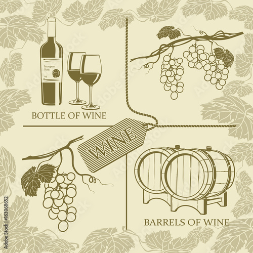Set symbols on the theme of grapes, white wine and winemaking