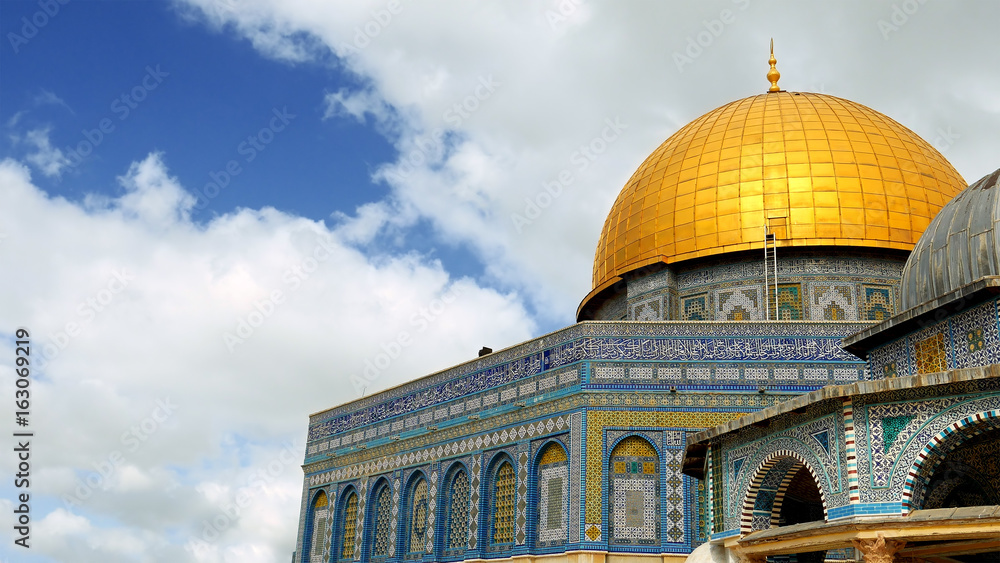 Dome of the Rock in Jerusalem over the Temple Mount. Golden Dome is the most known mosque and landmark in Jerusalem and sacred place for all muslims.