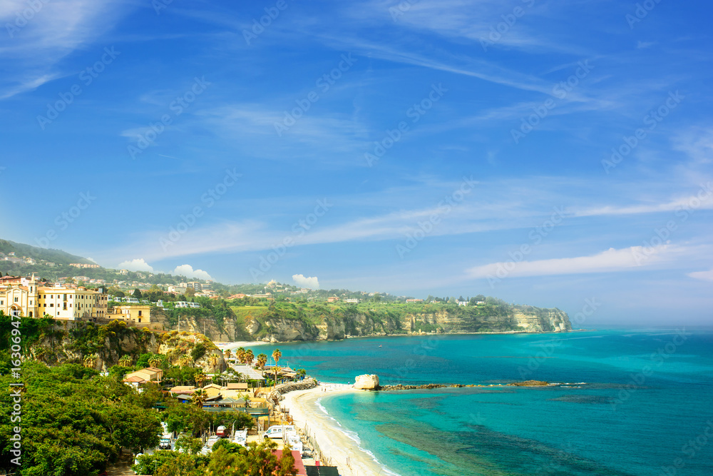 beautiful view of the public beach in Tropea , sothern Italy