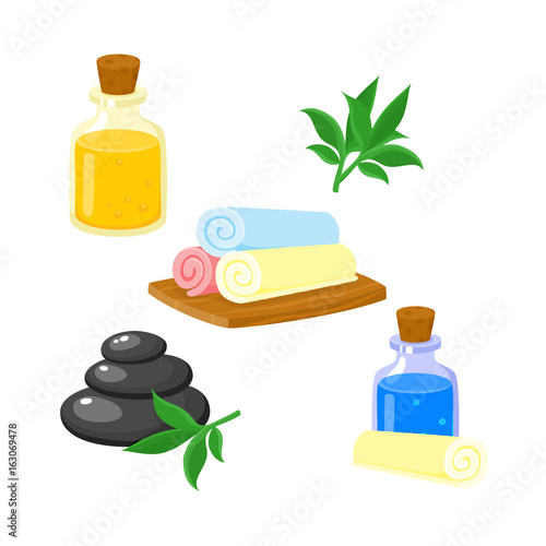 Set of spa salon accessories - hot stones, massage oil, rolled up towels, cartoon vector illustration on white background. Hot stones, massage oil, rolled up towels, cartoon style illustrations
