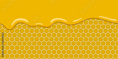 Cartoon yellow pattern with honeycomb and sweet honey drips. Sweet background. Seamless horizontal pattern. vector.