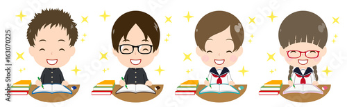 勉強する学生セット　笑顔