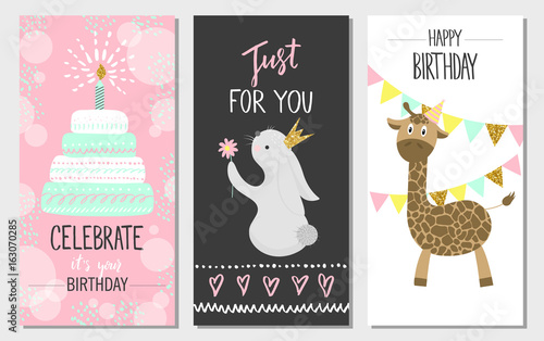 Happy birthday greeting cards and party invitation templates, vector illustration.