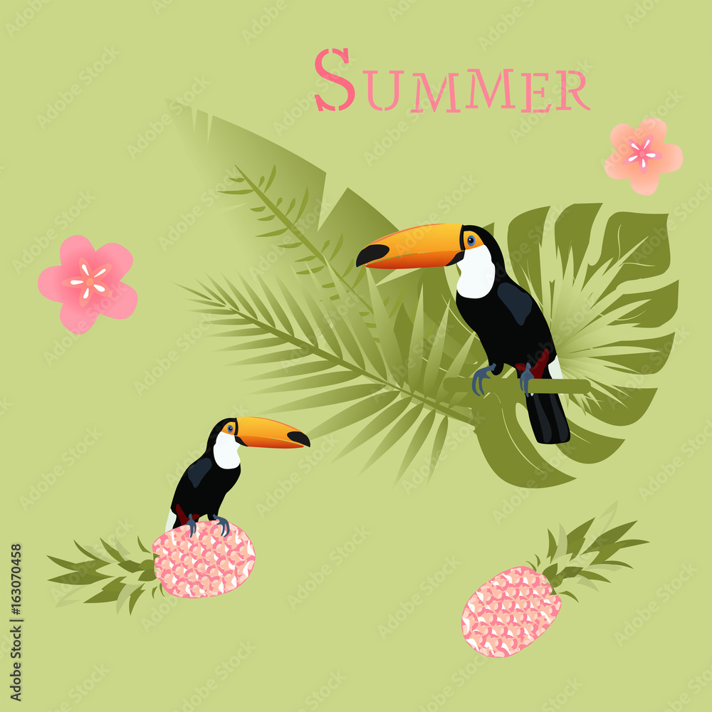 Naklejka premium Summertime. Toucan with palms, pineapple and tropical flowers in watermelon colors.