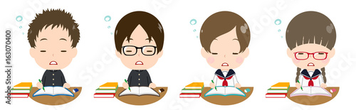 勉強する学生セット　うとうと