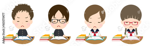勉強する学生セット　気合