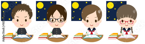 夜中に勉強する学生セット　やる気