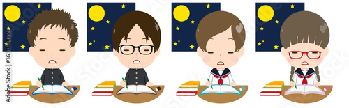 夜中に勉強する学生セット　うとうと