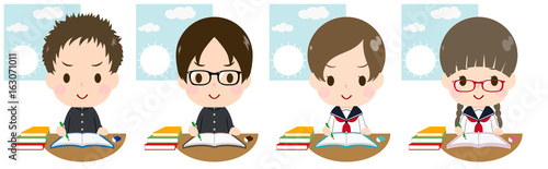 朝に勉強する学生セット　やる気