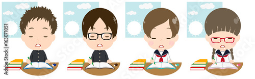 朝に勉強する学生セット　うとうと