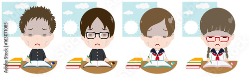 徹夜明けで勉強する学生セット　