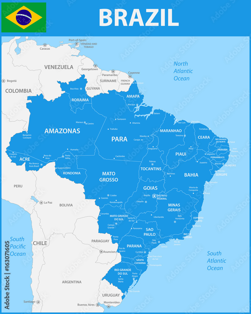 The detailed map of the Brazil with regions or states and cities, capitals.