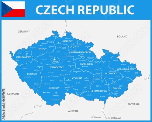 The detailed map of the Czech Republic with regions or states and cities, capitals.