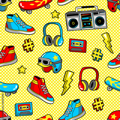Seamless pattern in cartoon 80s-90s comic style.