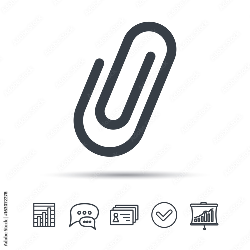 Attachment icon. Paper clip symbol. Chat speech bubble, chart and presentation signs. Contacts and tick web icons. Vector Attachment icon. Paper clip symbol. Chat speech bubble, chart and presentation signs. Contacts and tick web icons. Vector