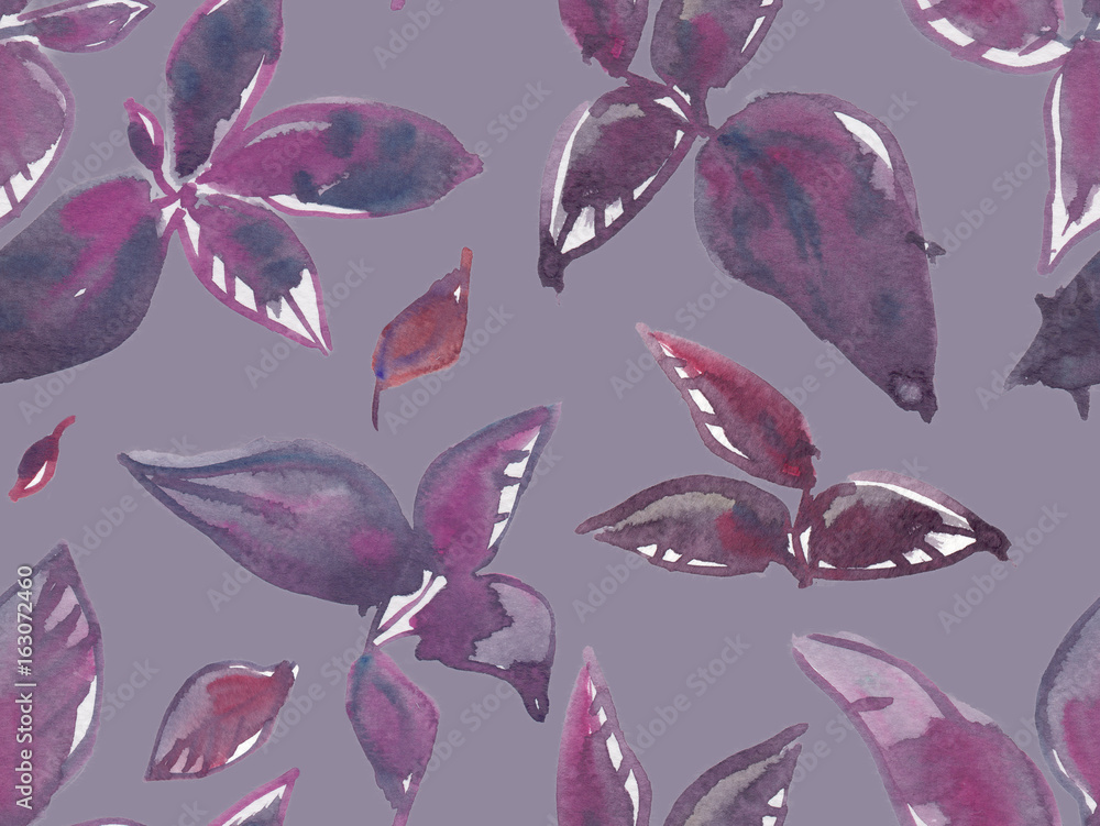 Seamless background pattern with dark purple basil leaves painted in watercolor on clear purple background Seamless background pattern with dark purple basil leaves painted in watercolor on clear purple background