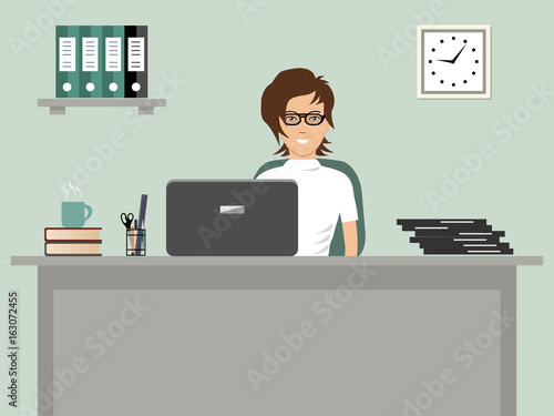 Web banner of an office worker. The young woman sitting at the desk on a gray background. There is a laptop, office objects and cup of coffee on the table. Vector illustration.