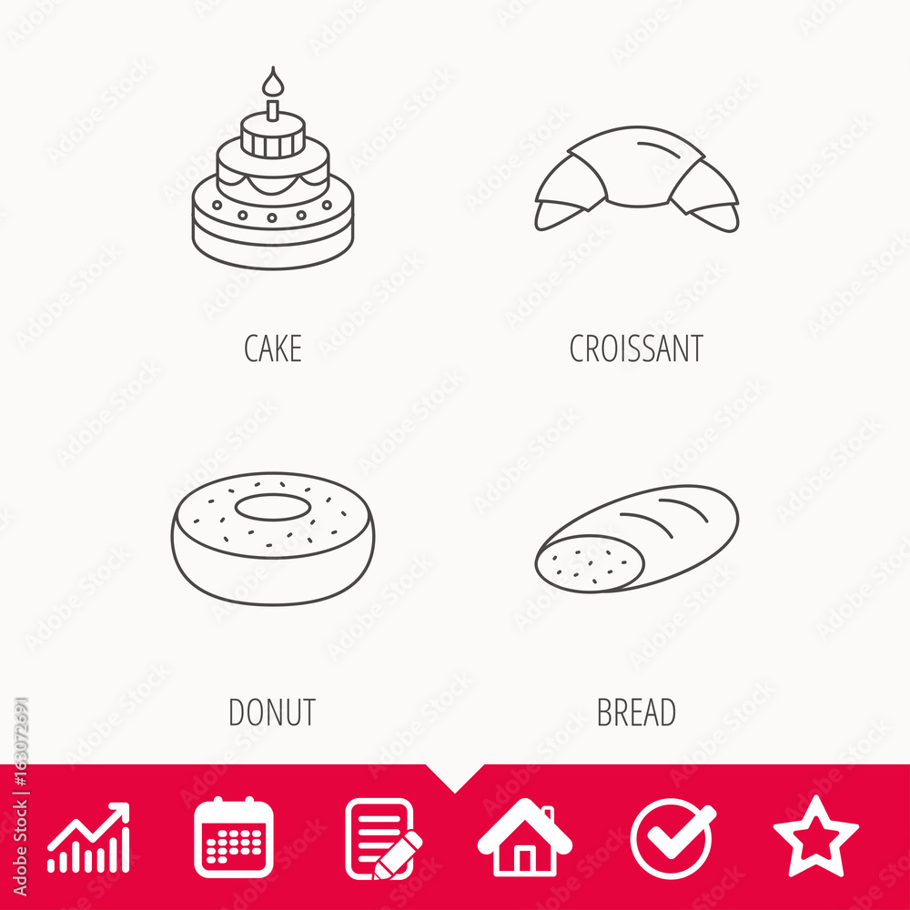 Croissant, cake and bread icons. Sweet donut linear sign. Edit document, Calendar and Graph chart signs. Star, Check and House web icons. Vector Croissant, cake and bread icons. Sweet donut linear sign. Edit document, Calendar and Graph chart signs. Star, Check and House web icons. Vector