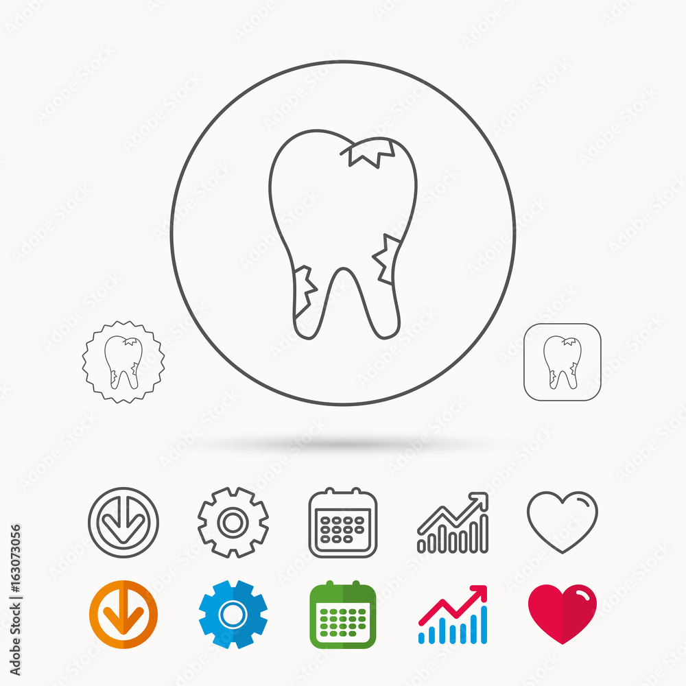 Caries icon. Tooth health sign. Calendar, Graph chart and Cogwheel signs. Download and Heart love linear web icons. Vector Caries icon. Tooth health sign. Calendar, Graph chart and Cogwheel signs. Download and Heart love linear web icons. Vector