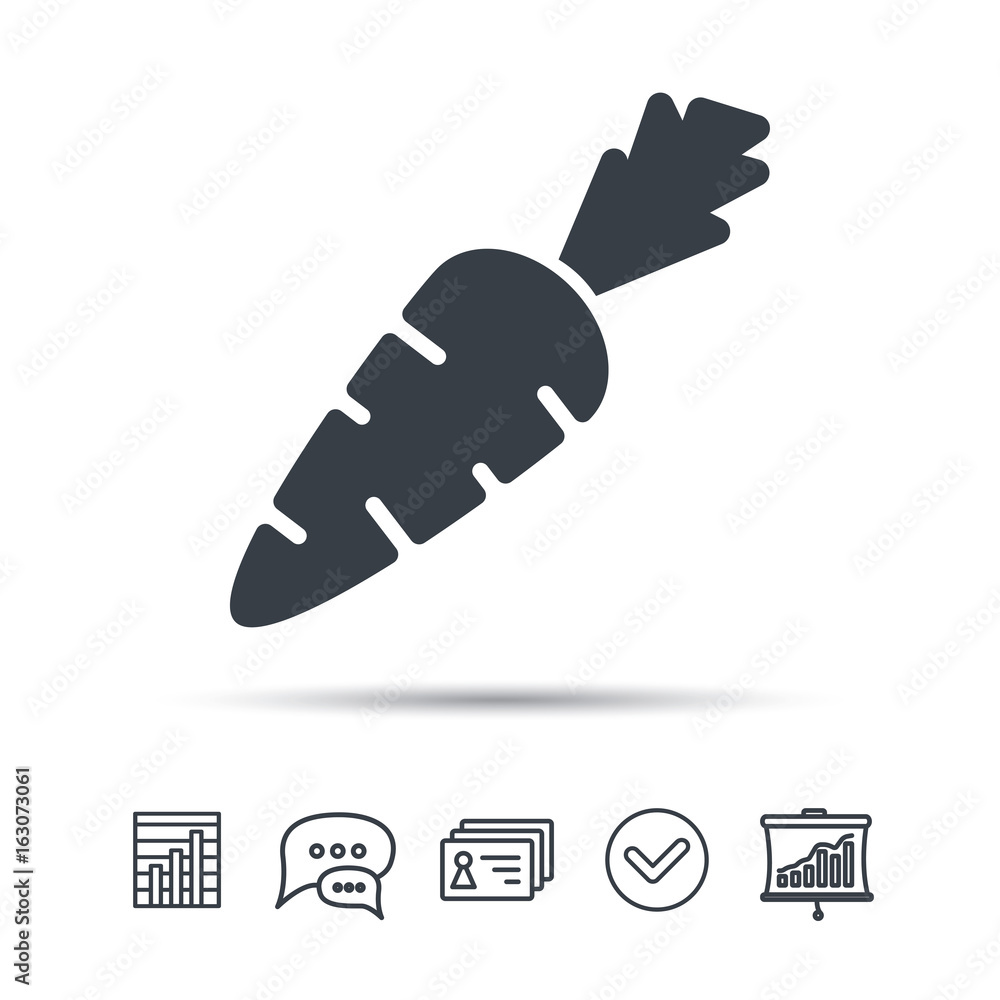Carrot icon. Fresh natural vegetable symbol. Vegetarian food. Chat speech bubble, chart and presentation signs. Contacts and tick web icons. Vector Carrot icon. Fresh natural vegetable symbol. Vegetarian food. Chat speech bubble, chart and presentation signs. Contacts and tick web icons. Vector