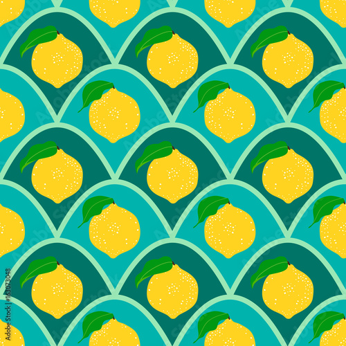 Seamless  floral pattern with lemon fruit on a blue wave background. .