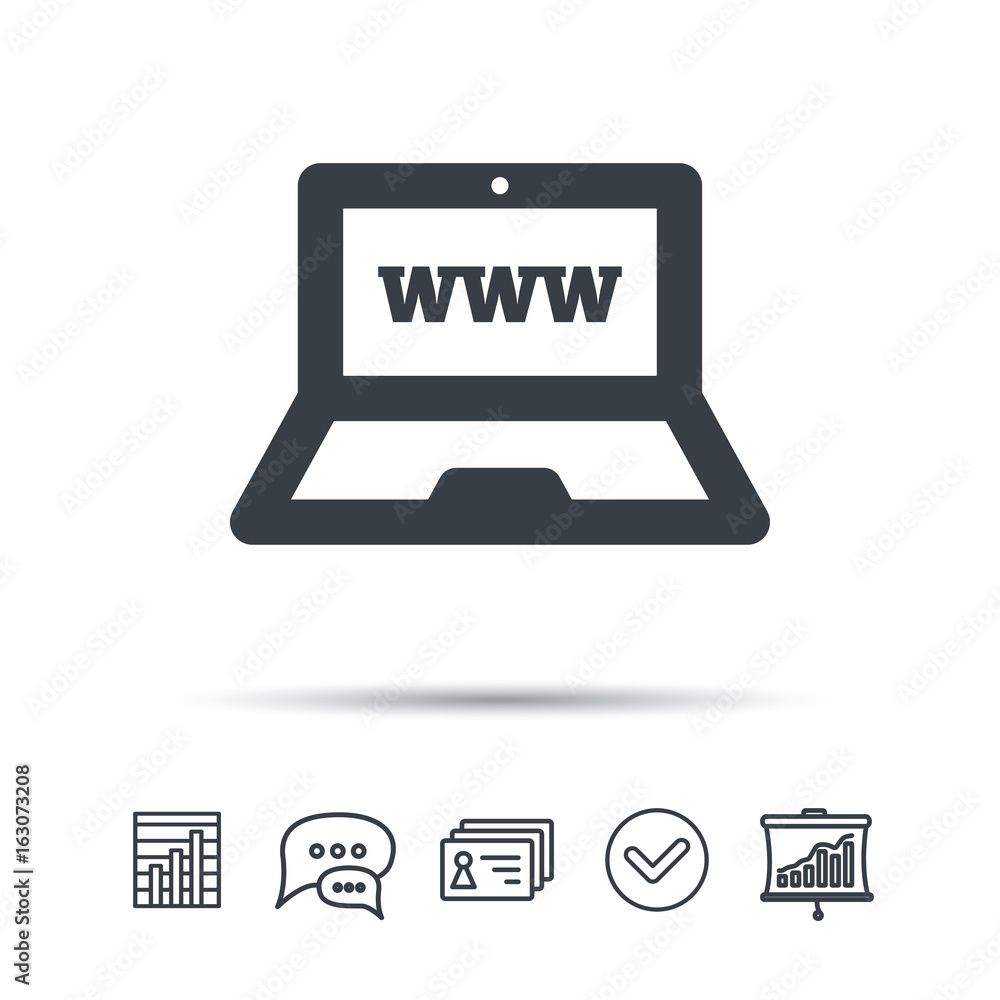 Computer icon. Notebook or laptop pc symbol. Chat speech bubble, chart and presentation signs. Contacts and tick web icons. Vector Computer icon. Notebook or laptop pc symbol. Chat speech bubble, chart and presentation signs. Contacts and tick web icons. Vector