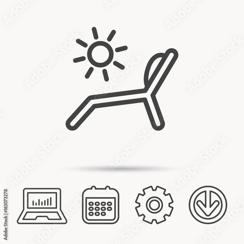 Deck chair icon. Beach chaise longue sign. Notebook, Calendar and Cogwheel signs. Download arrow web icon. Vector