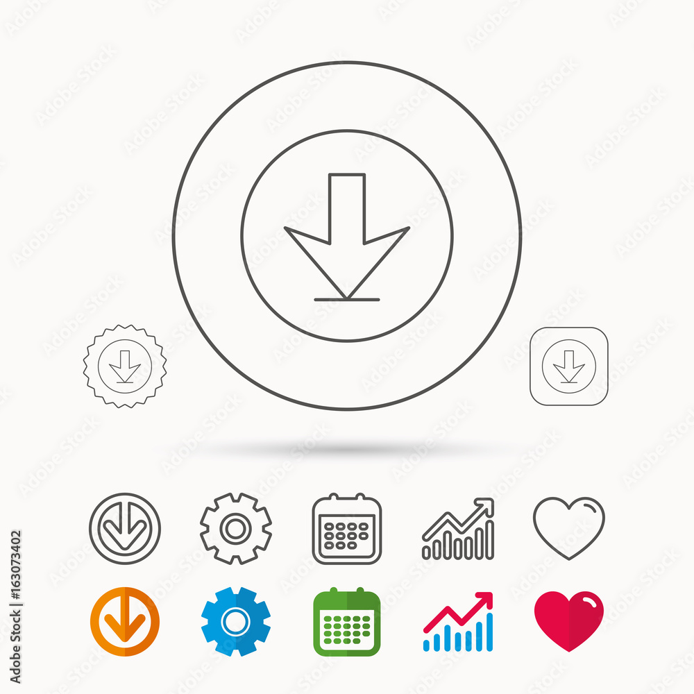 Download icon. Down arrow sign. Internet load symbol. Calendar, Graph chart and Cogwheel signs. Download and Heart love linear web icons. Vector Download icon. Down arrow sign. Internet load symbol. Calendar, Graph chart and Cogwheel signs. Download and Heart love linear web icons. Vector
