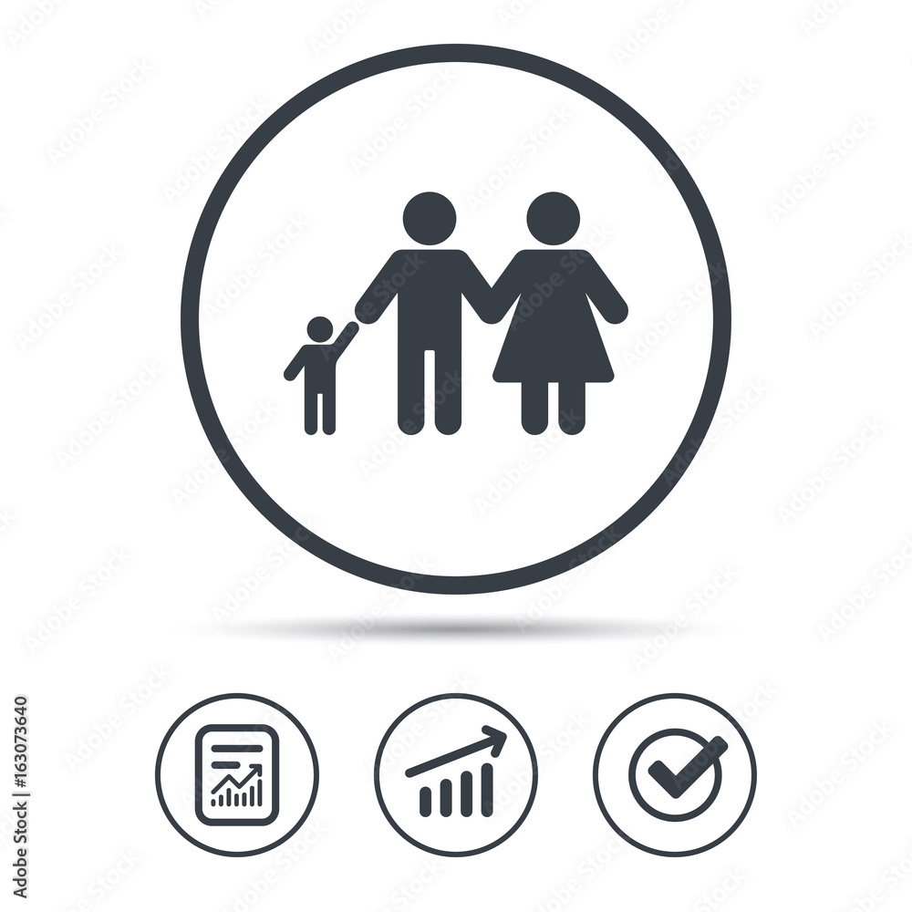 Family icon. Father, mother and child symbol. Report document, Graph chart and Check signs. Circle web buttons. Vector Family icon. Father, mother and child symbol. Report document, Graph chart and Check signs. Circle web buttons. Vector