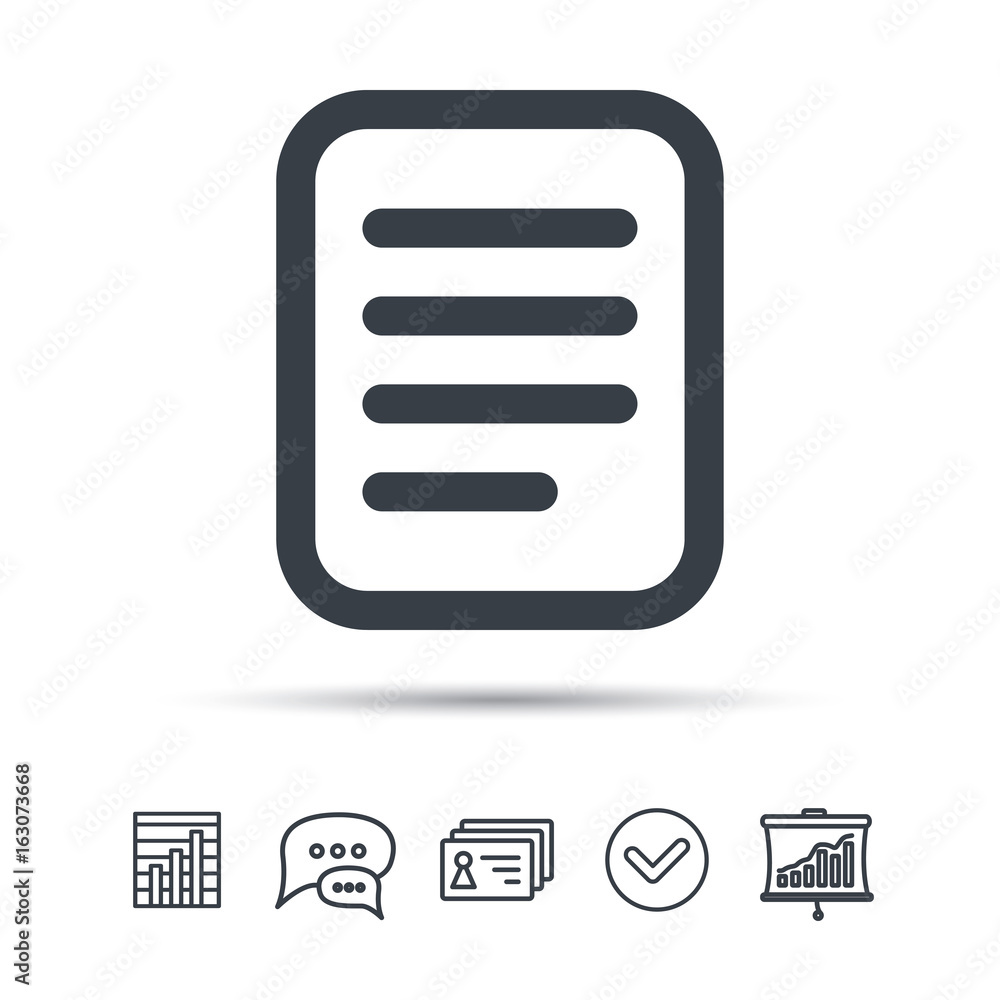 File icon. Text document page symbol. Chat speech bubble, chart and presentation signs. Contacts and tick web icons. Vector File icon. Text document page symbol. Chat speech bubble, chart and presentation signs. Contacts and tick web icons. Vector