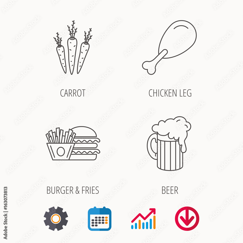 Hamburger, beer and chicken leg icons. Burger and chips fries linear signs. Calendar, Graph chart and Cogwheel signs. Download colored web icon. Vector Hamburger, beer and chicken leg icons. Burger and chips fries linear signs. Calendar, Graph chart and Cogwheel signs. Download colored web icon. Vector