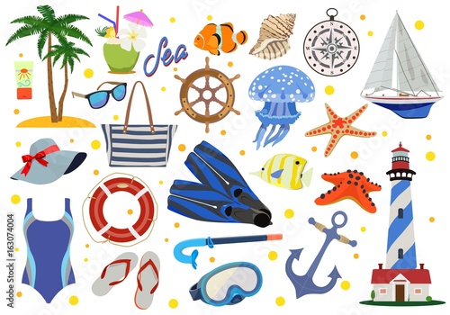 Set of paraphernalia for beach holiday and sea. Vector illustration.