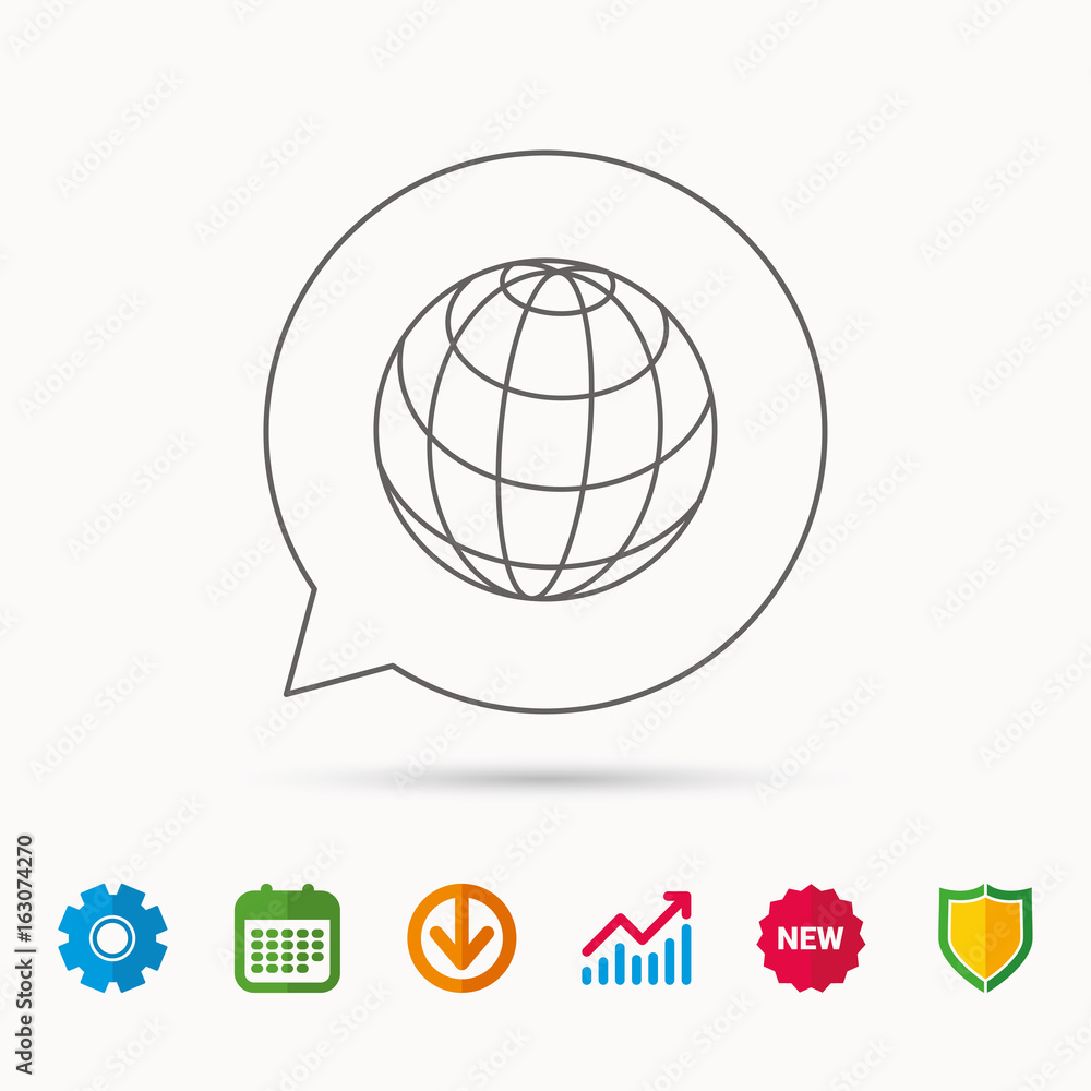Globe icon. World travel sign. Internet network symbol. Calendar, Graph chart and Cogwheel signs. Download and Shield web icons. Vector Globe icon. World travel sign. Internet network symbol. Calendar, Graph chart and Cogwheel signs. Download and Shield web icons. Vector